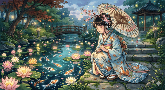 Dreamy Kimono Woman by a Koi Pond preview