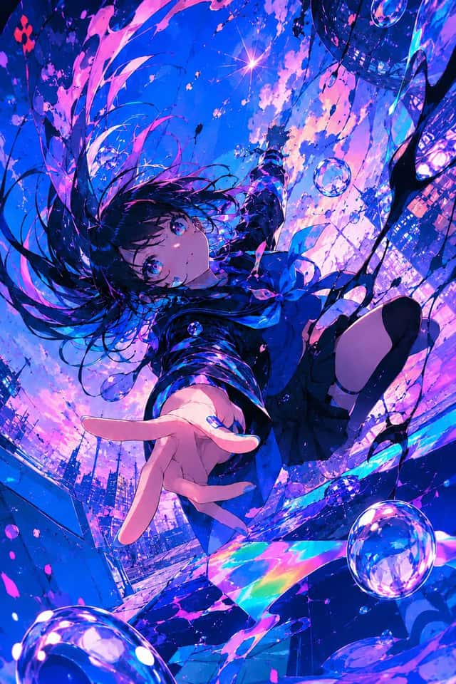 Neon Anime Girl Falling Through City Sky preview