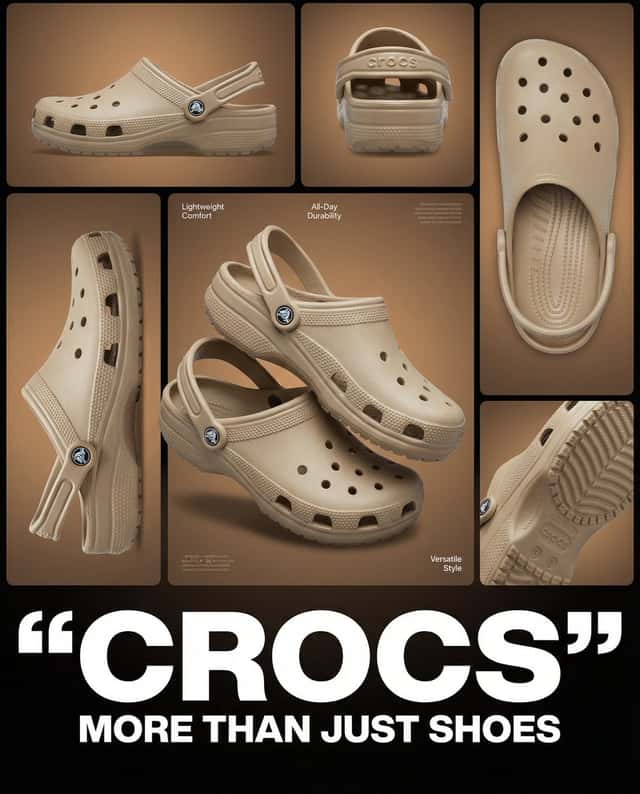Multi-image product collage poster featuring beige/tan Crocs clog shoes preview