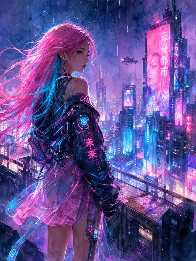 Watercolor Cyberpunk Rooftop Girl preview