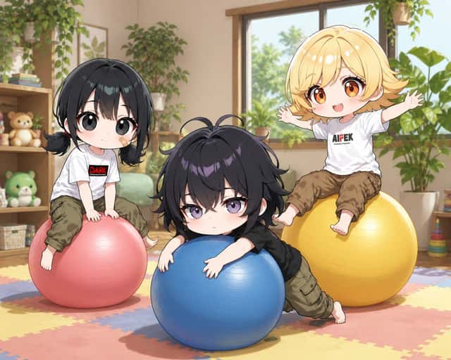 Chibi Kids Playing on Exercise Balls preview