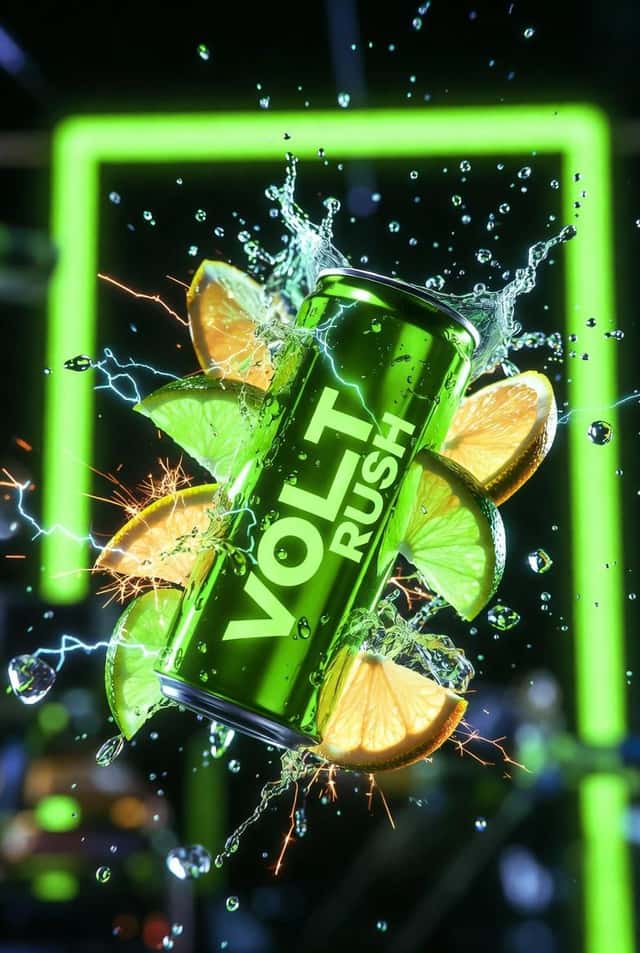 Ultra-Cinematic Product Photography of 'VOLT RUSH' Energy Drink preview