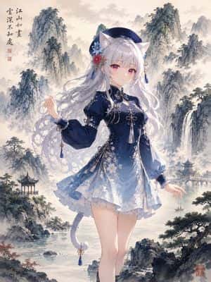 Anime Catgirl in Chinese Ink Landscape preview