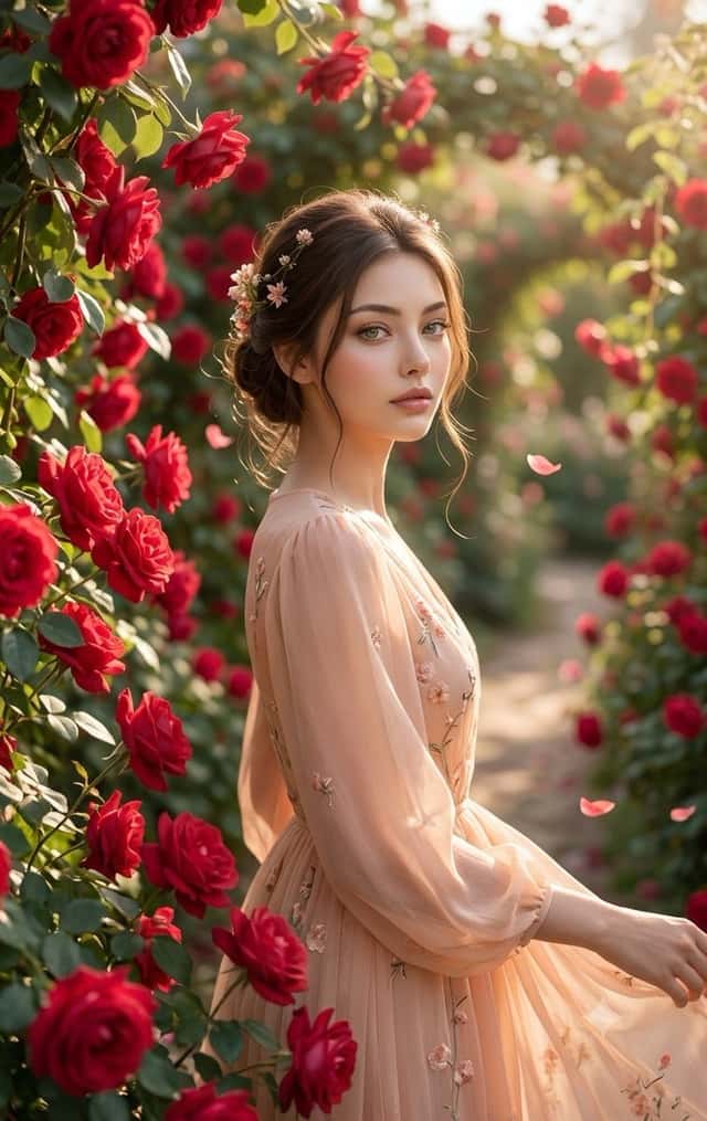 Korean Girl in Red Rose Garden preview