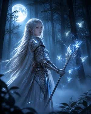 Silver-haired Warrior in Moonlight Forest preview