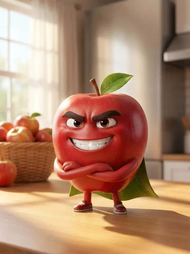 A Pixar-style 3D animated character of a single red apple preview