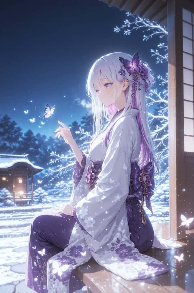 Snowy Kimono Butterfly Anime Scene preview