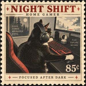 Vintage Night Shift Gamer Cat Stamp preview