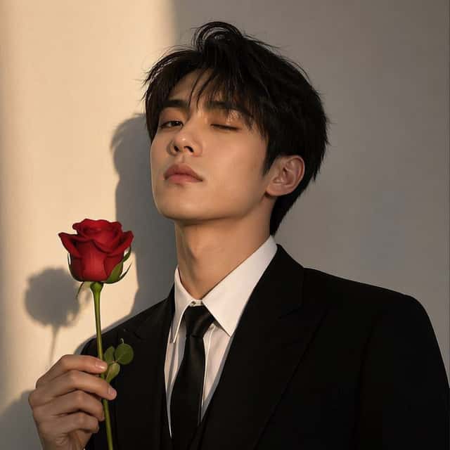 Sunlit Suit Portrait With Red Rose preview