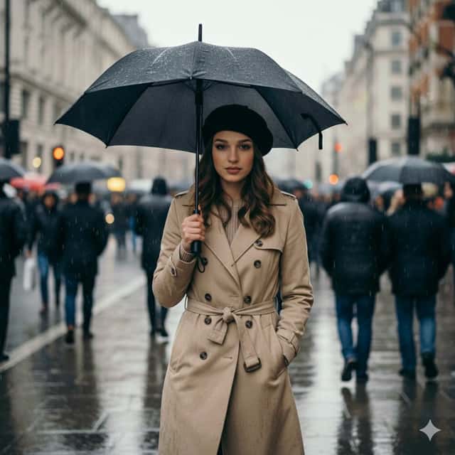Ultra-cinematic, hyper-realistic rainy street portrait with shallow preview