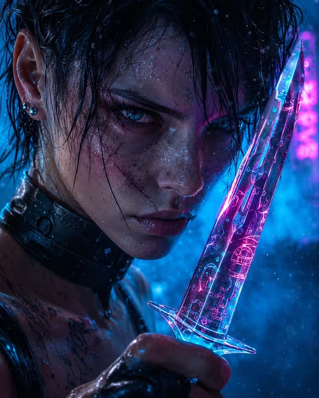 Cyberpunk Assassin With Neon Glass Dagger preview