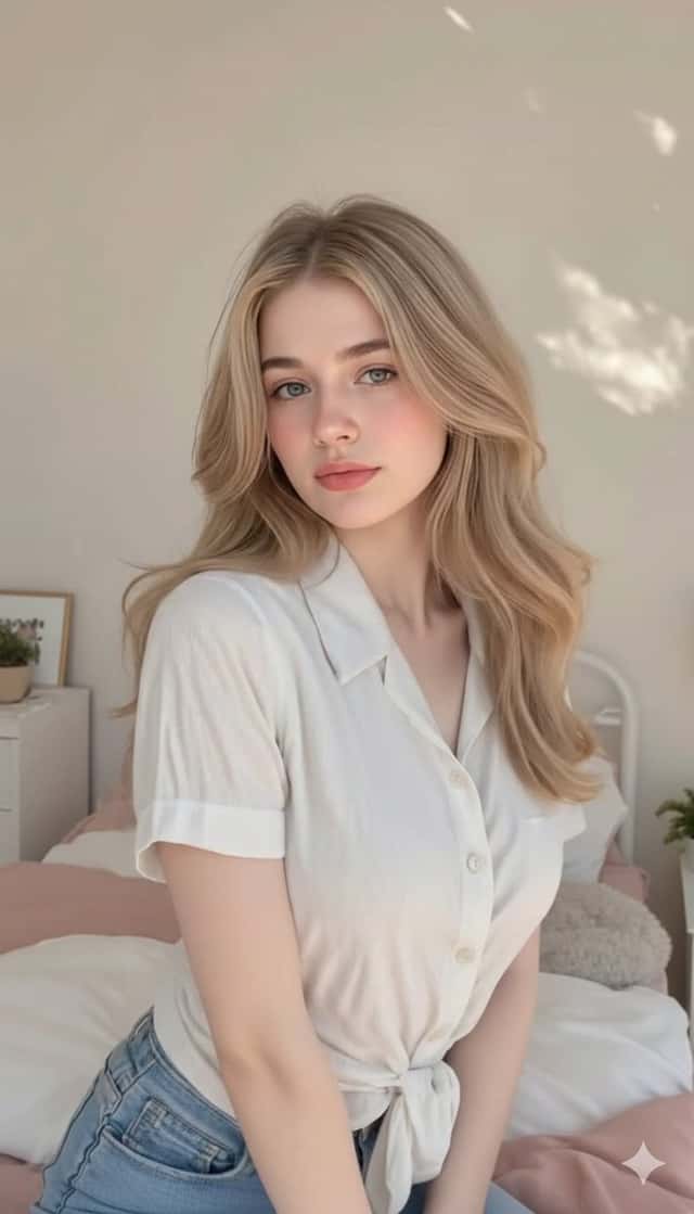 Cute, innocent young adult blonde woman sitting comfortably on a neatly preview