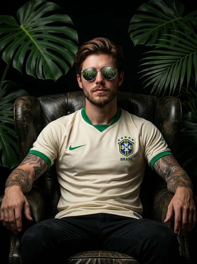 Cinematic portrait of a confident football player sitting on a dark preview