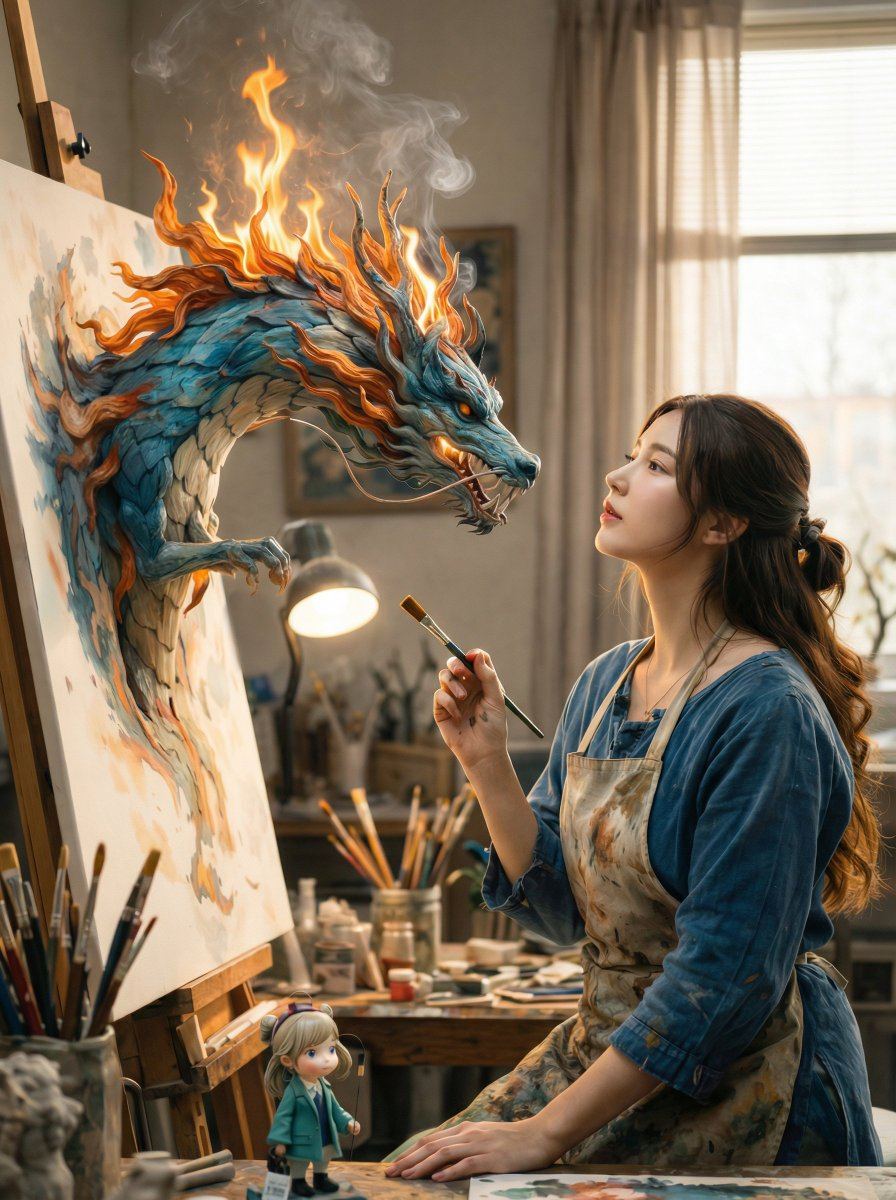 AI-generated sample for “Magical Realism: Dragon Emerging from Canvas”