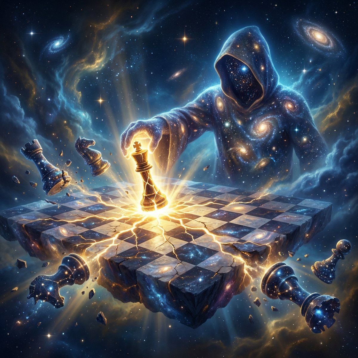 AI-generated sample for “Cosmic Chessboard Checkmate Scene”
