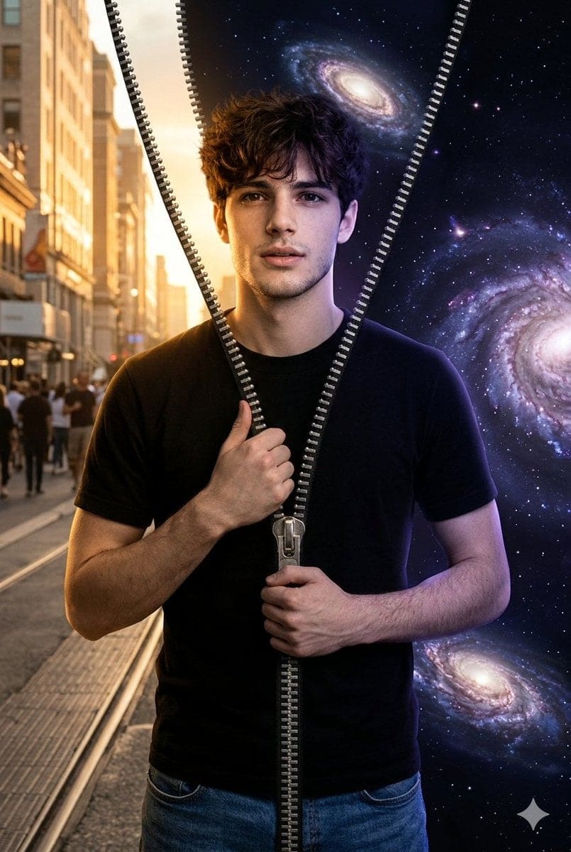 AI-generated sample for “Conceptual Portrait of Man Zipping Reality Open to Cosmic Void”