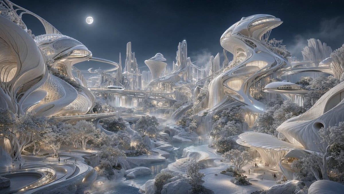 AI-generated sample for “Moonlit Biomorphic Future City”