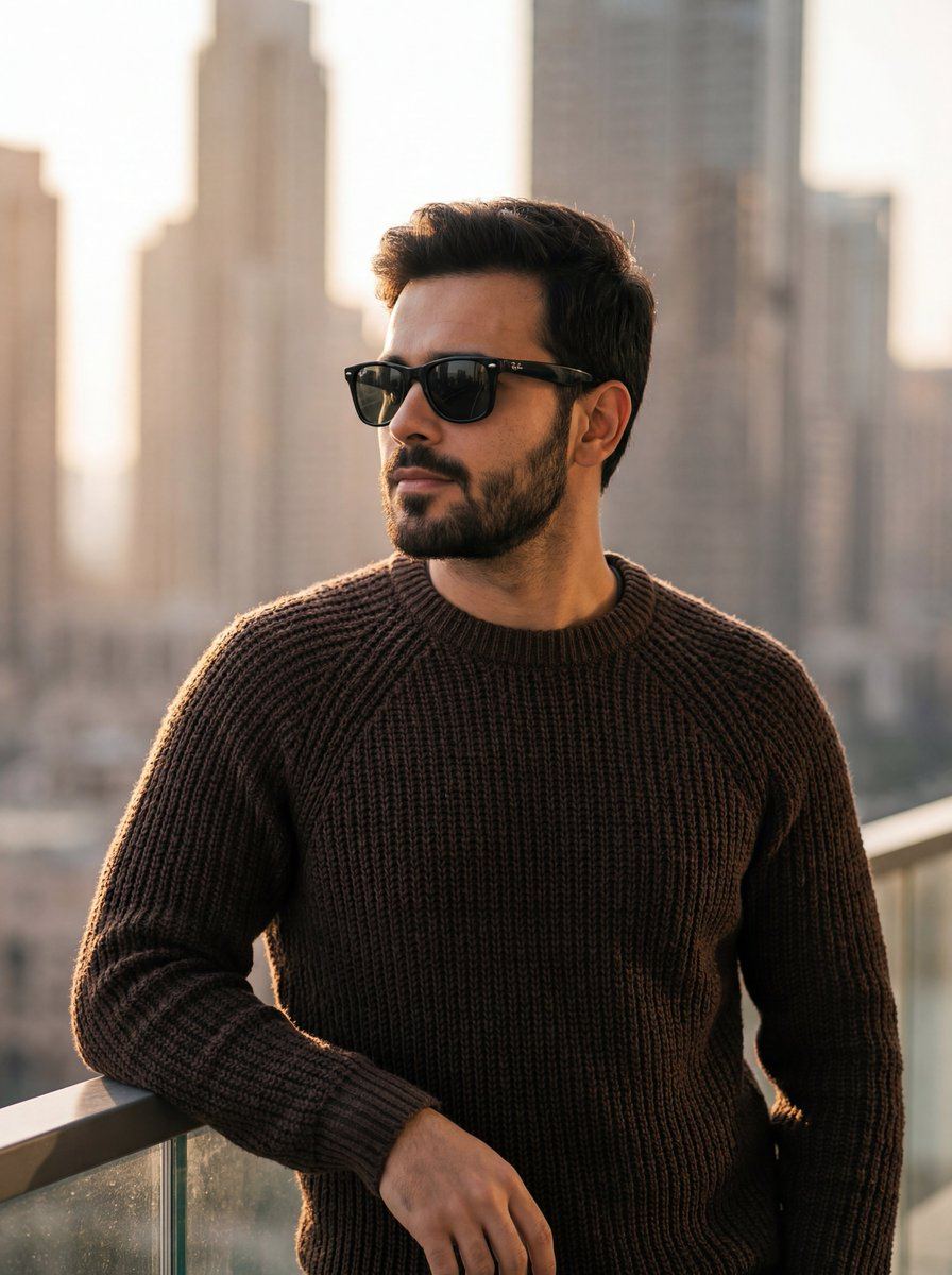 AI-generated sample for “Golden Hour Portrait of Stylish Man on Balcony”