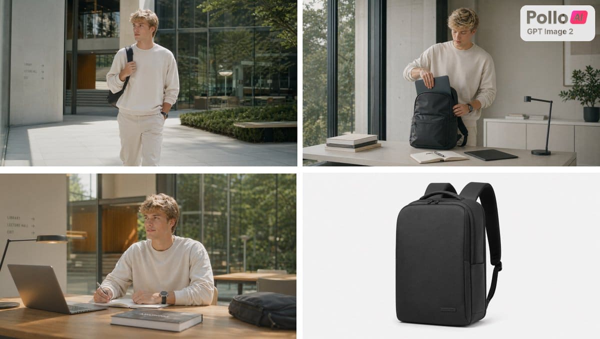 AI-generated sample for “Four-Panel Backpack Lifestyle Ad”