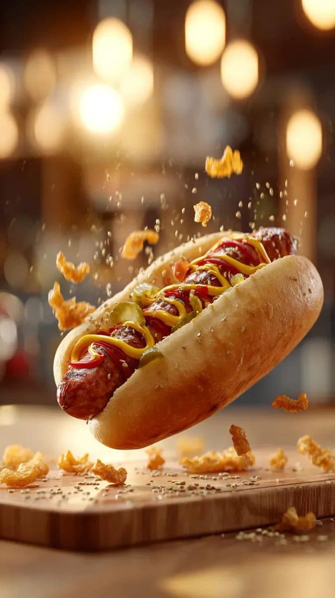 AI-generated sample for “Gourmet Hotdog Mid-Air Drop Cinematic Shot”