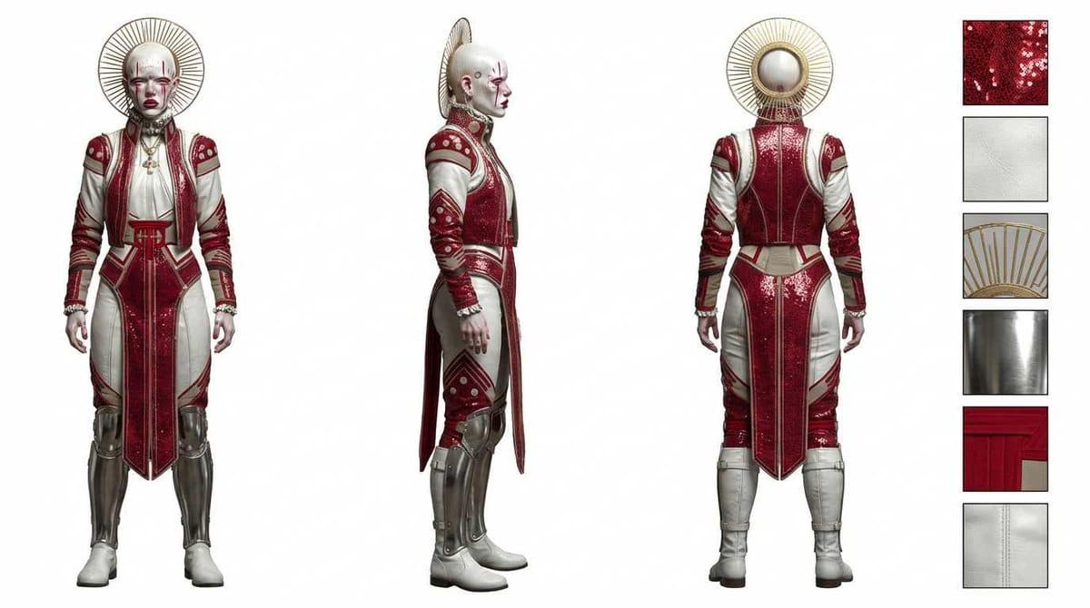AI-generated sample for “Three-View Costume Sheet”