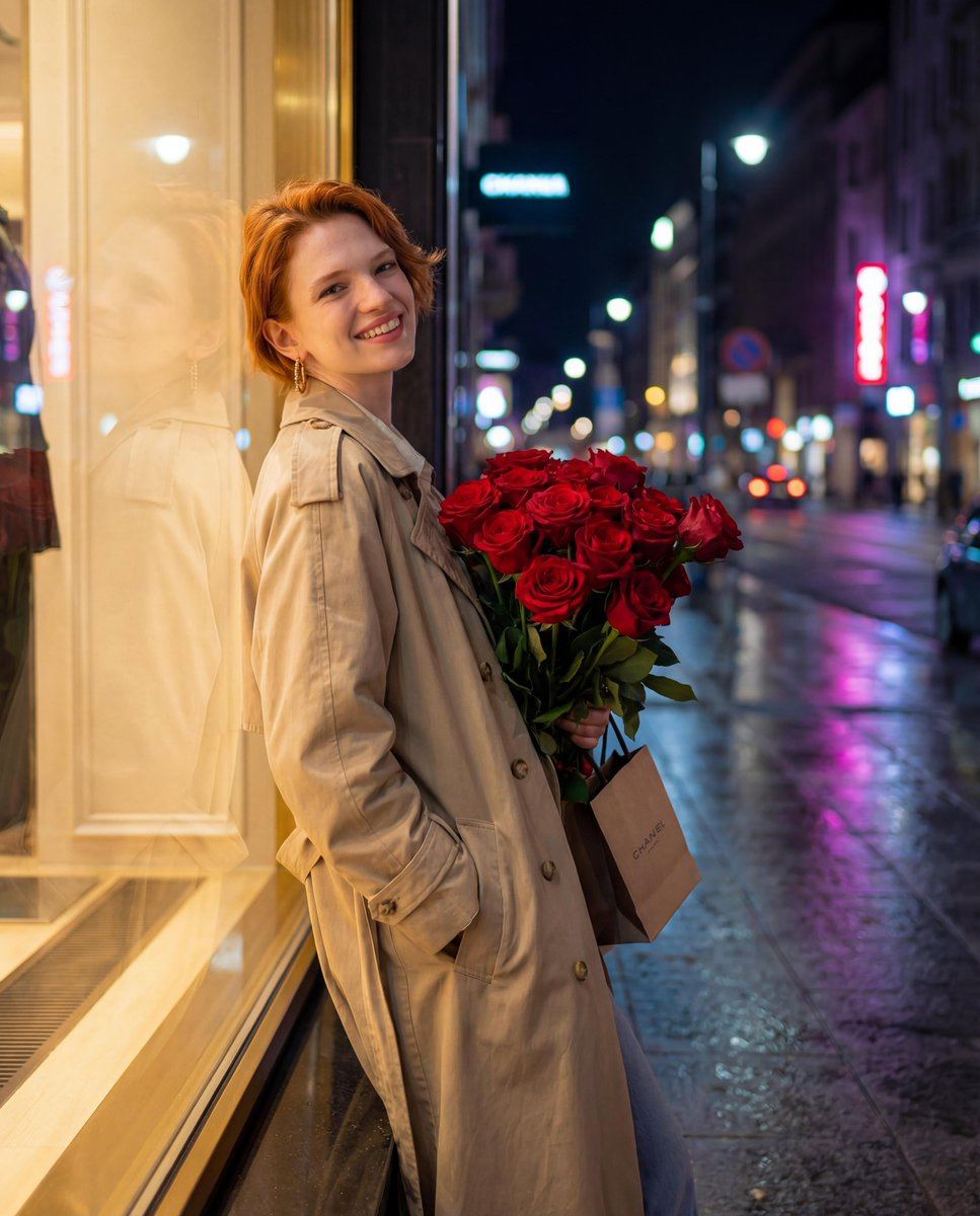 AI-generated sample for “Candid Night-Time Street Style Photo with Roses”