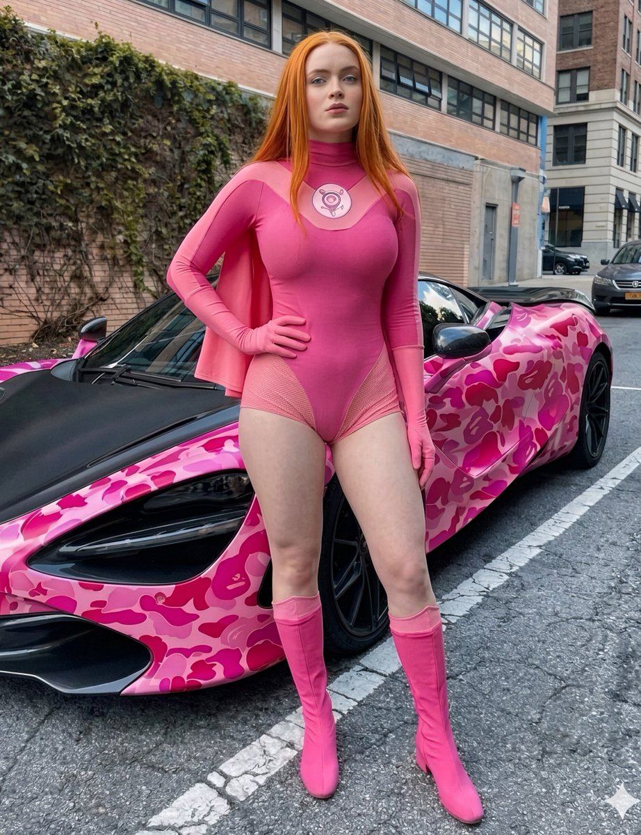 AI-generated sample for “Superhero Bodysuit on Sports Car Hood (Prompt 2)”