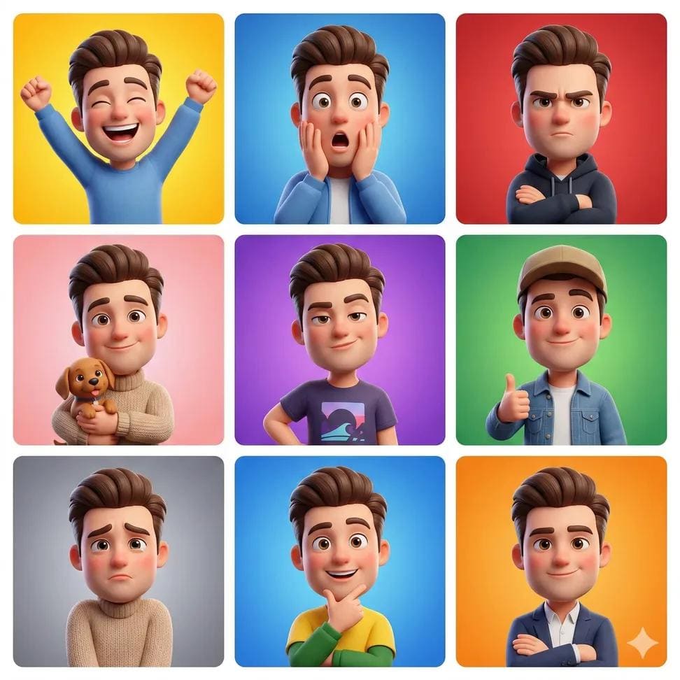 AI-generated sample for “3D Cartoon Avatar Character Grid Prompt (Pixar Style)”