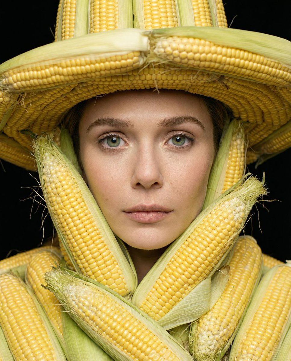 AI-generated sample for “Elizabeth Olsen: Agrarian Haute Couture Macro Portrait”