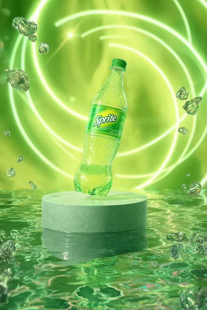 AI-generated sample for “Neon Sprite Bottle Floating in Cosmic Petals”