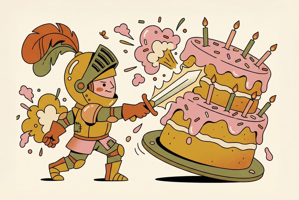 AI-generated sample for “Tiny Medieval Knight vs. Towering Pink Birthday Cake”