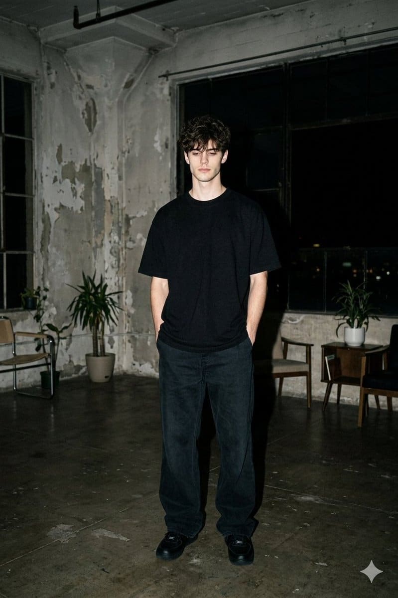 AI-generated sample for “Nighttime Industrial Loft Fashion Shot (35mm Film Aesthetic)”