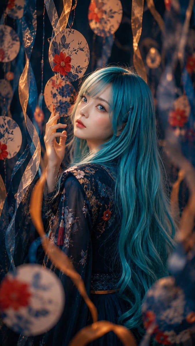 AI-generated sample for “Blue-Haired Festival Portrait”