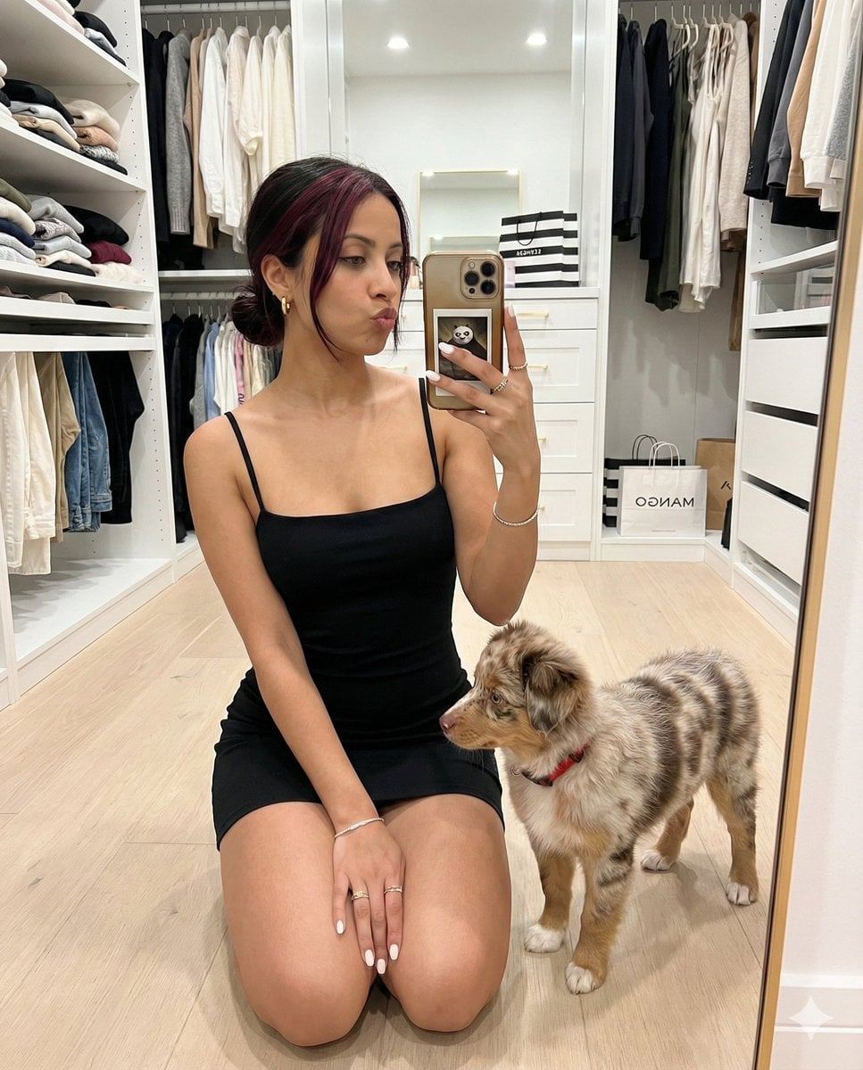 AI-generated sample for “Luxury Closet Mirror Selfie with Dog and Reference Face”