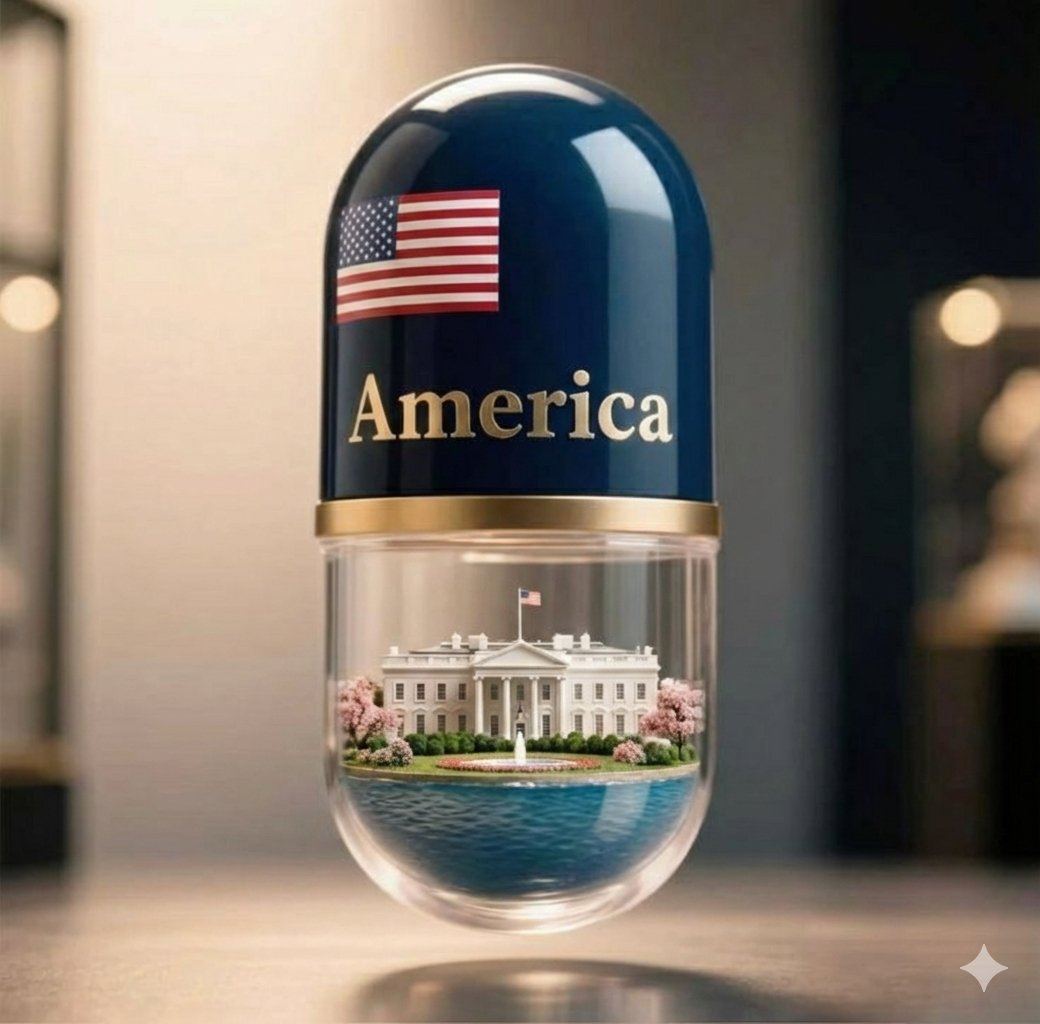 AI-generated sample for “Giant Pharmaceutical Capsule with White House Miniature”