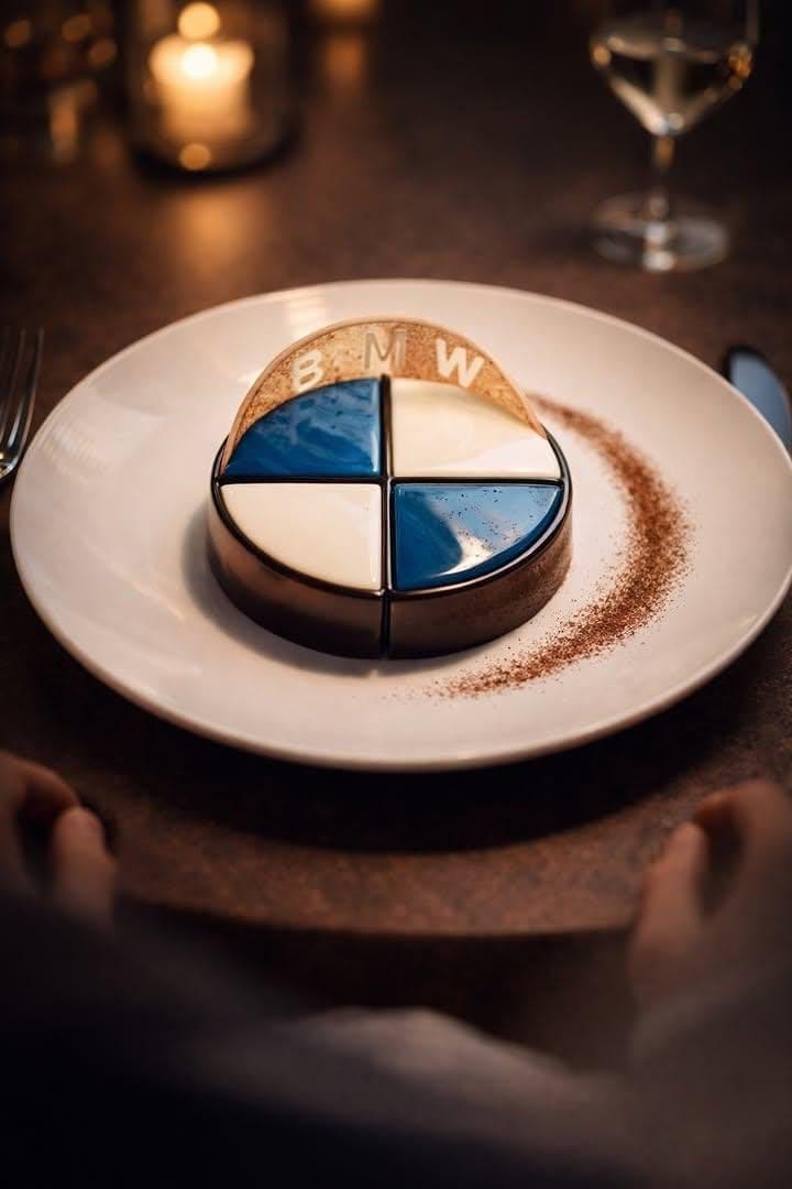 AI-generated sample for “Fine-Dining Dessert Photography of a BMW Logo Mousse Cake”