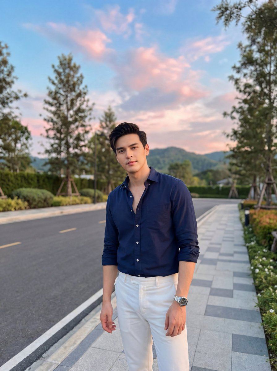 AI-generated sample for “Stylish Man on Sidewalk at Sunset”