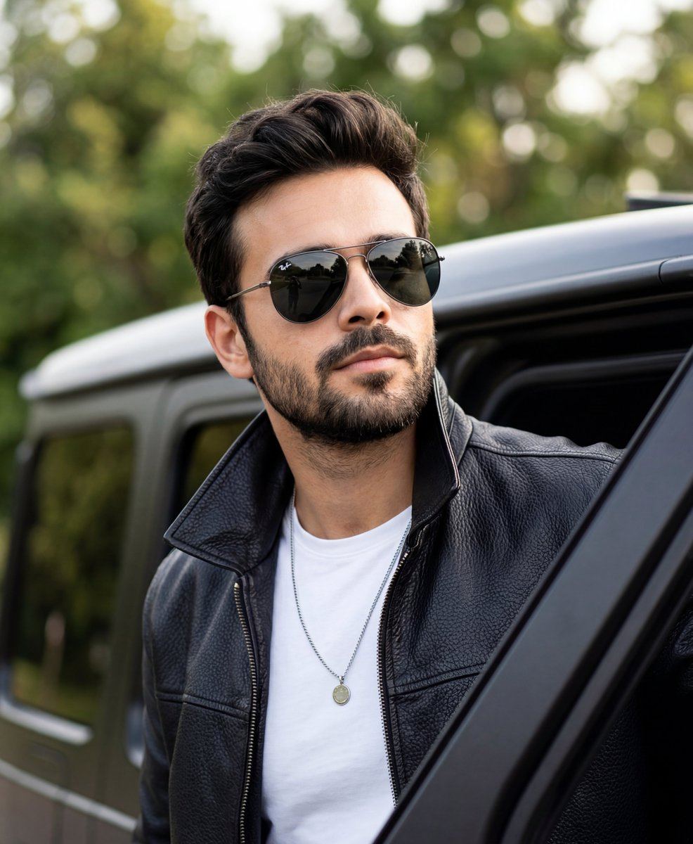 AI-generated sample for “Cinematic Portrait of Man in Leather Jacket and Sunglasses”