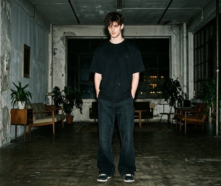 AI-generated sample for “Hyper-realistic Nighttime Fashion Photograph with On-Camera Flash”
