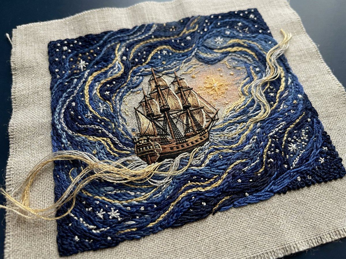 AI-generated sample for “Tactile Embroidered Tapestry of a Ship in Nebulae”