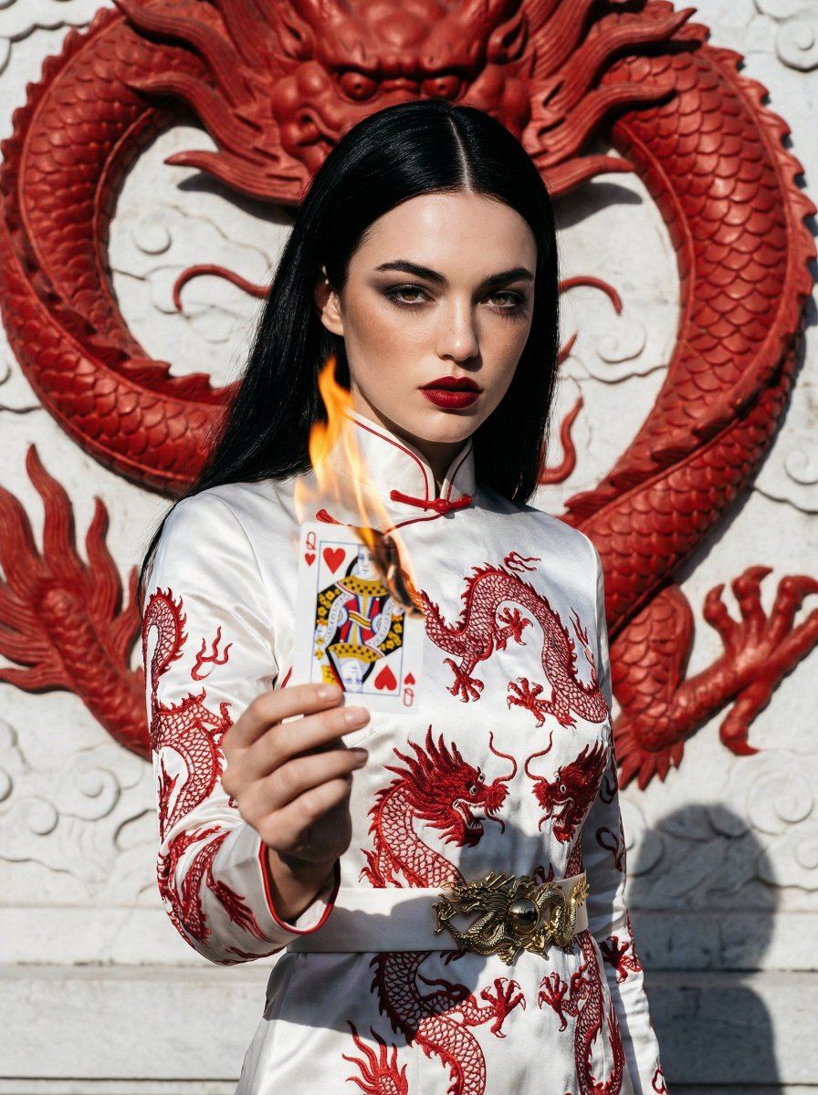 AI-generated sample for “Fashion Portrait with Chinese Dragon Qipao”