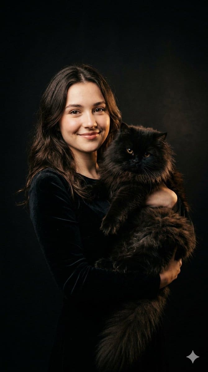 AI-generated sample for “Cinematic Girl and Fluffy Cat Portrait”