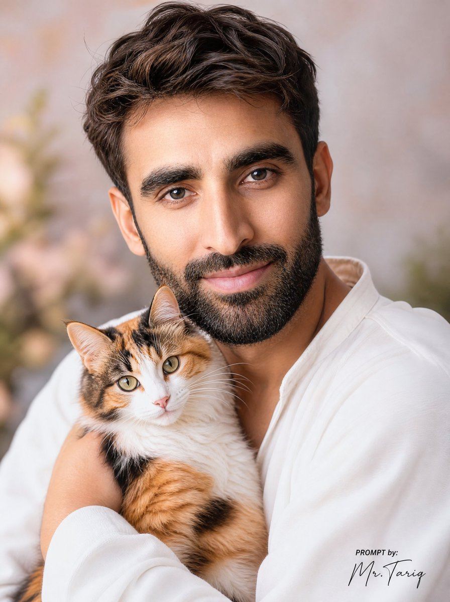 AI-generated sample for “Dreamy Man Holding Calico Cat Portrait”
