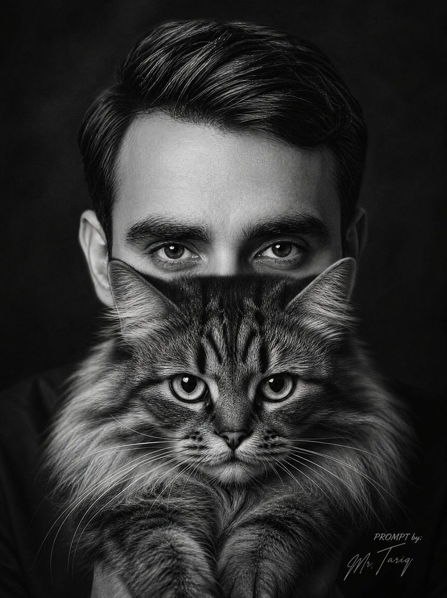AI-generated sample for “Monochrome Man Holding Cat Portrait”