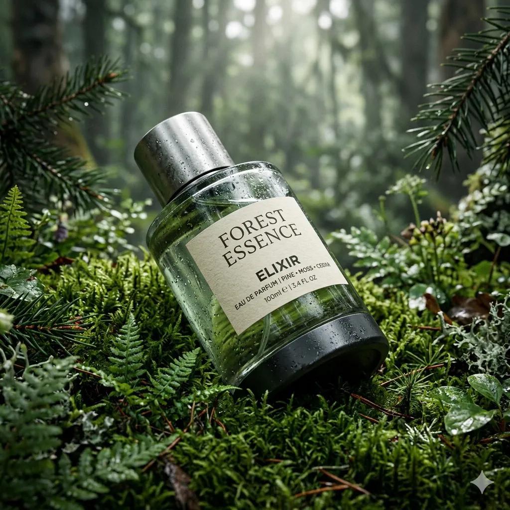 AI-generated sample for “Ultra-Realistic Forest Essence Elixir Perfume Product Shot”