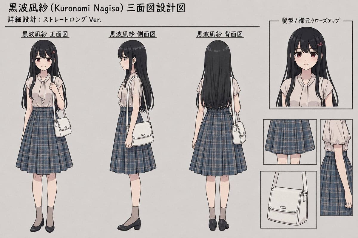 AI-generated sample for “Anime Three-View Character Sheet”