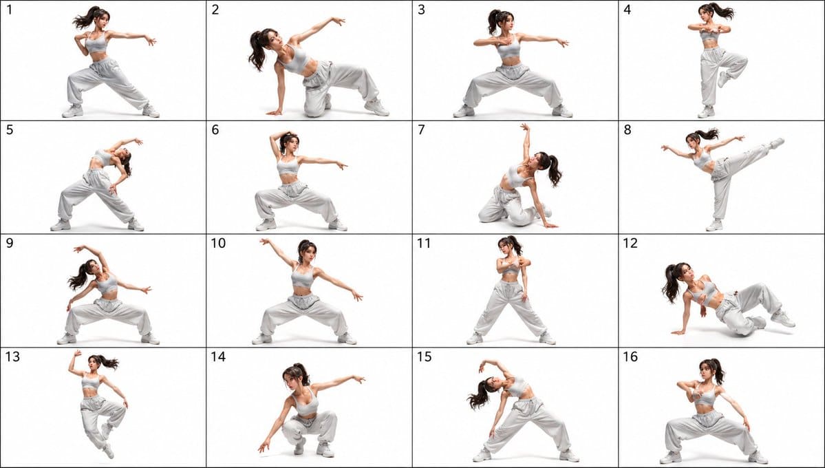 AI-generated sample for “gpt2-comic-storyboard-16-pose-dance-reference-sheet”