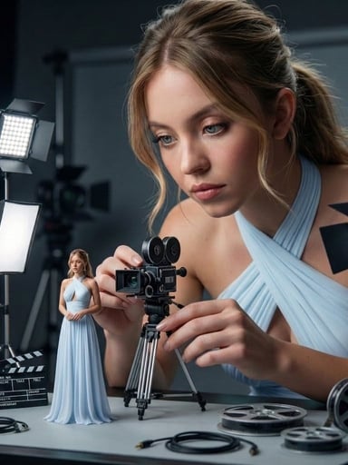Giant Woman Filmmaker with Miniature Model