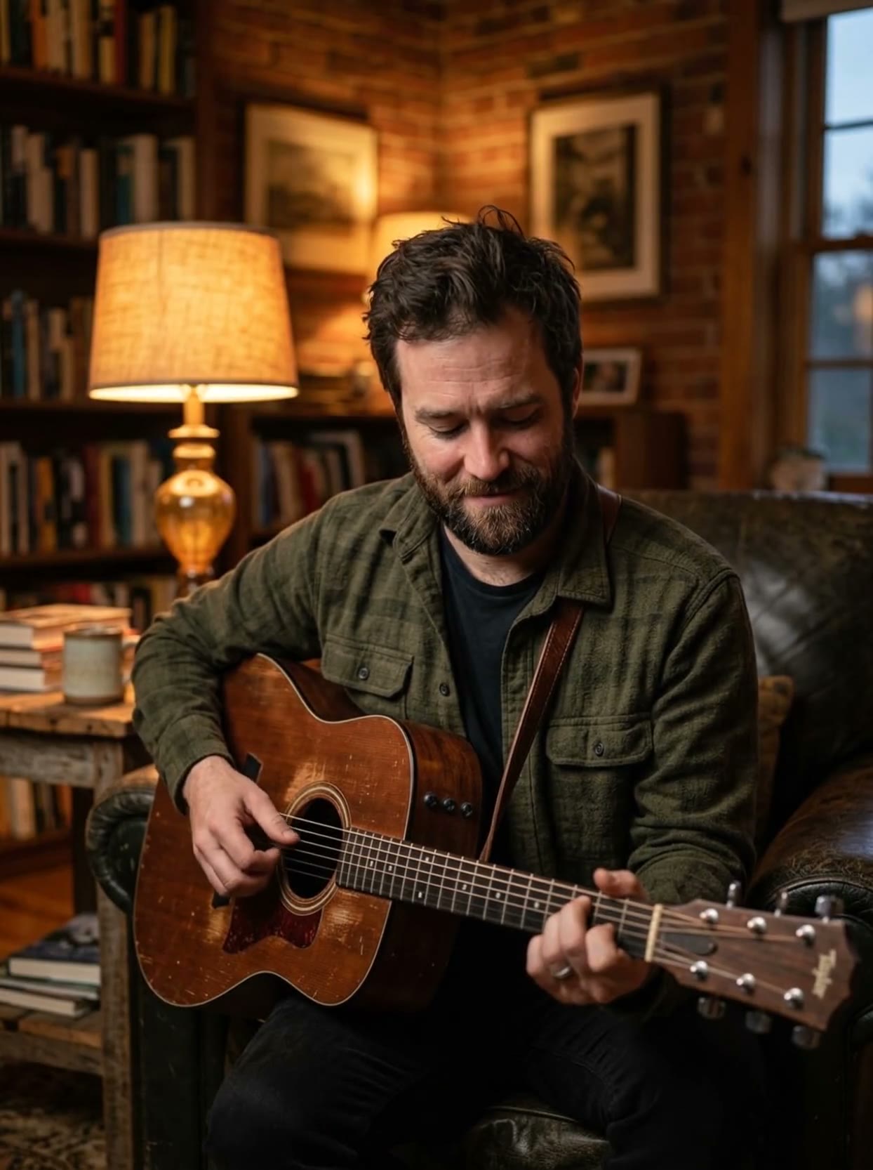 Musician plays guitar in a cozy den