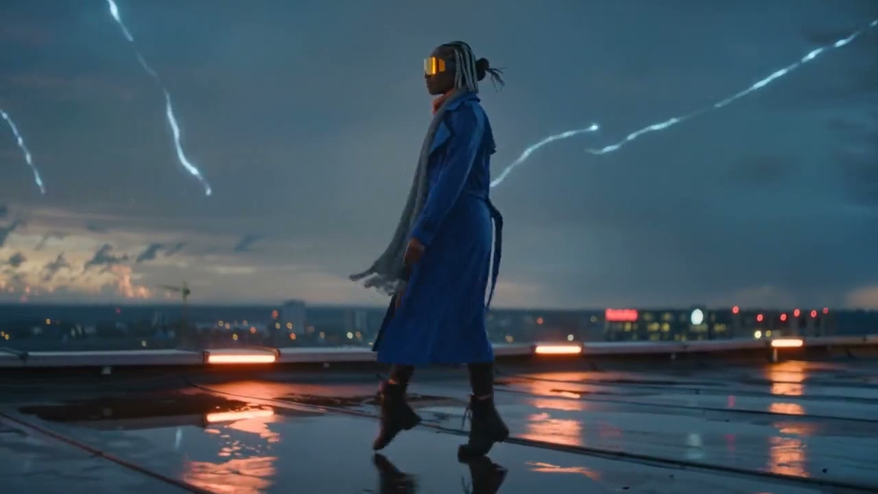 Courier on a neon rooftop with lanterns